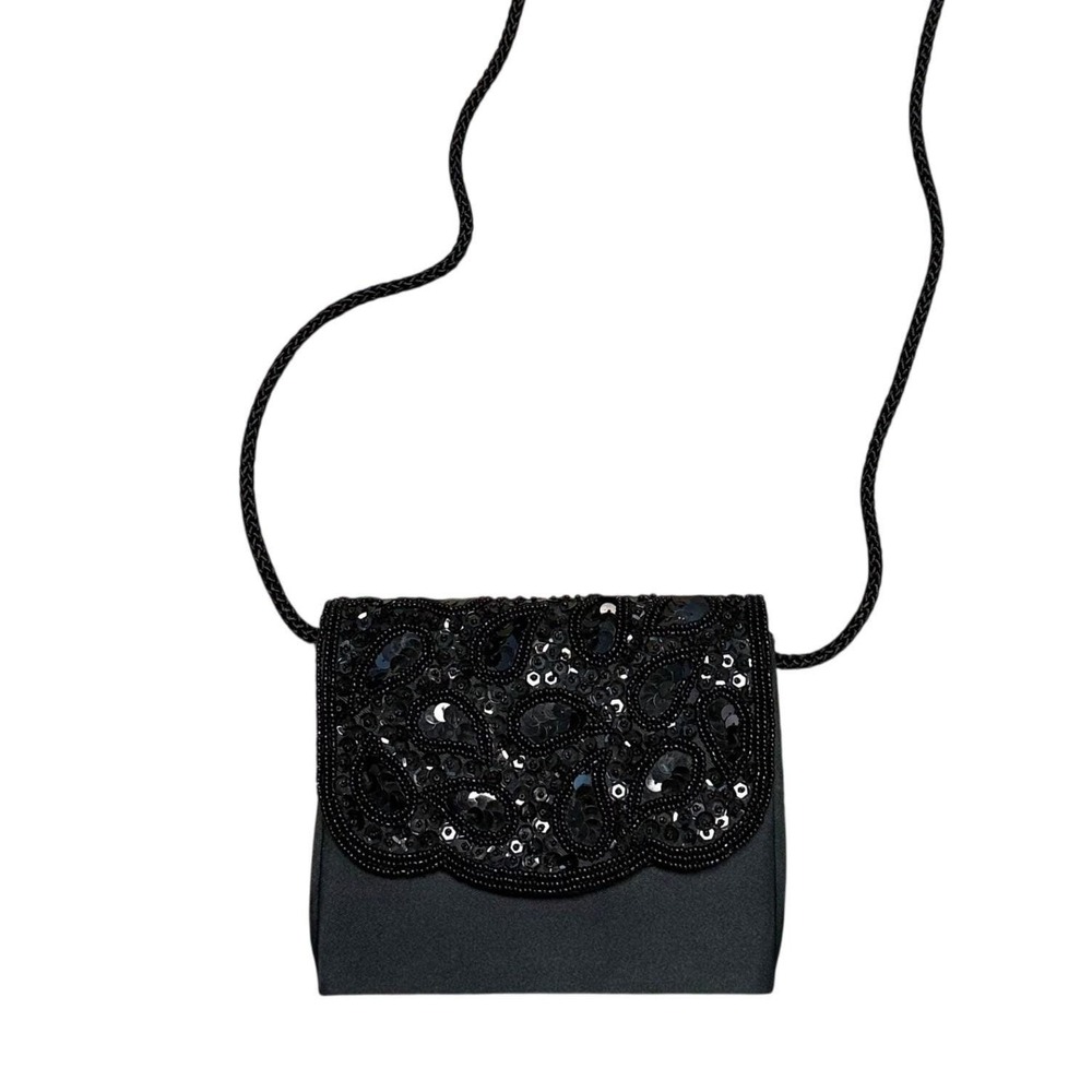 Andre Cellini Black Beaded Sequin Scalloped Evening Clutch Purse‎